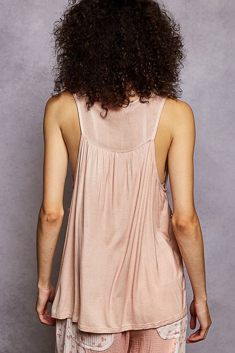 POL Sleeveless contrast floral lace crochet detail v-neck top