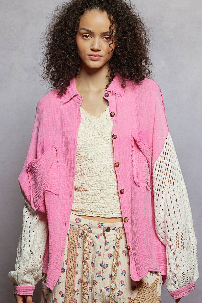 POL Contrast sweater sleeves chest pockets shirt