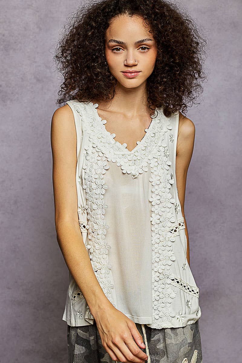 POL Sleeveless contrast floral lace crochet detail v-neck top